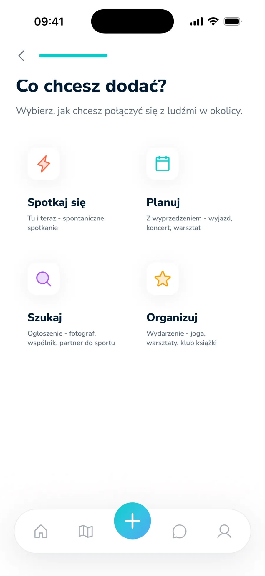 Ekran Co chcesz dodać? z modułami Spotkaj się, Planuj, Szukaj, Organizuj