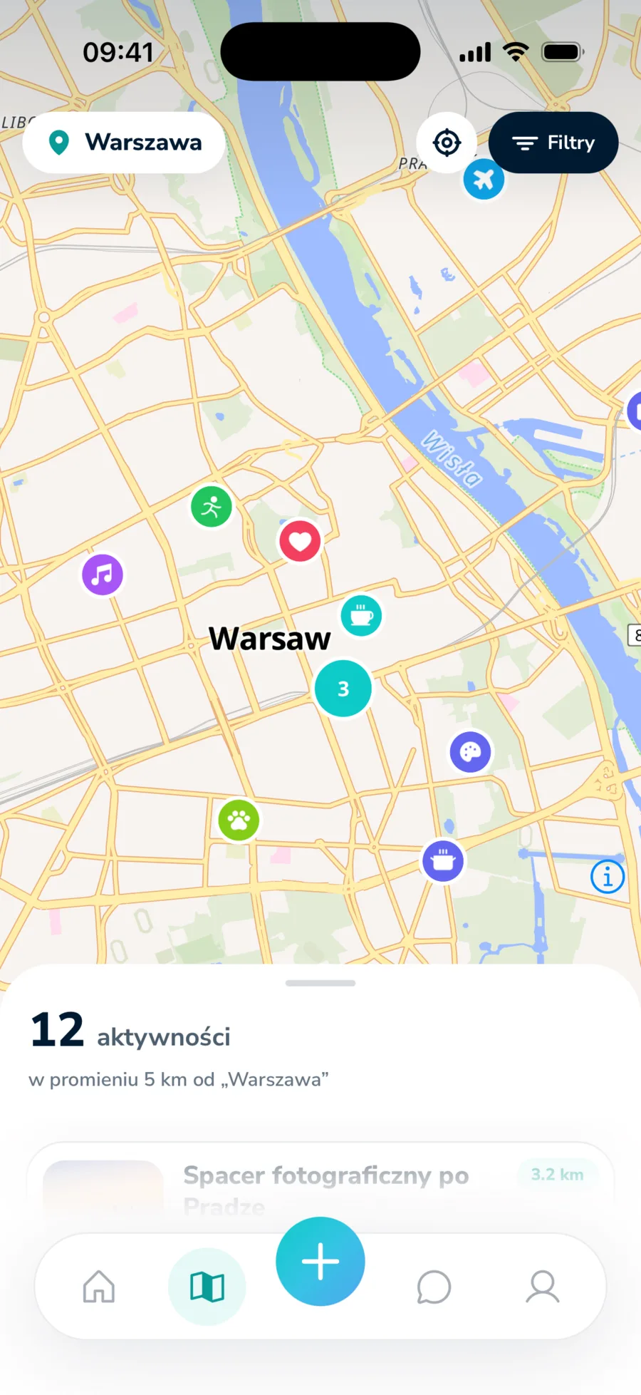 Mapa aktywności w Nouwi z pinezkami kategorii w Warszawie